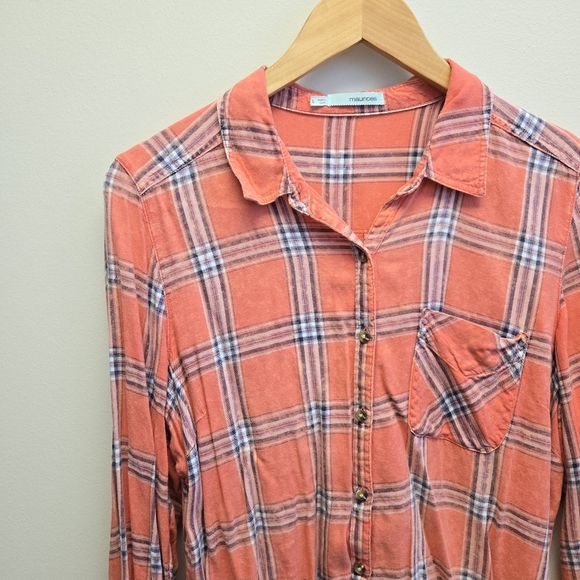 Maurices Large Pink Plaid Acid Wash Button Shirt - Picture 2 of 6